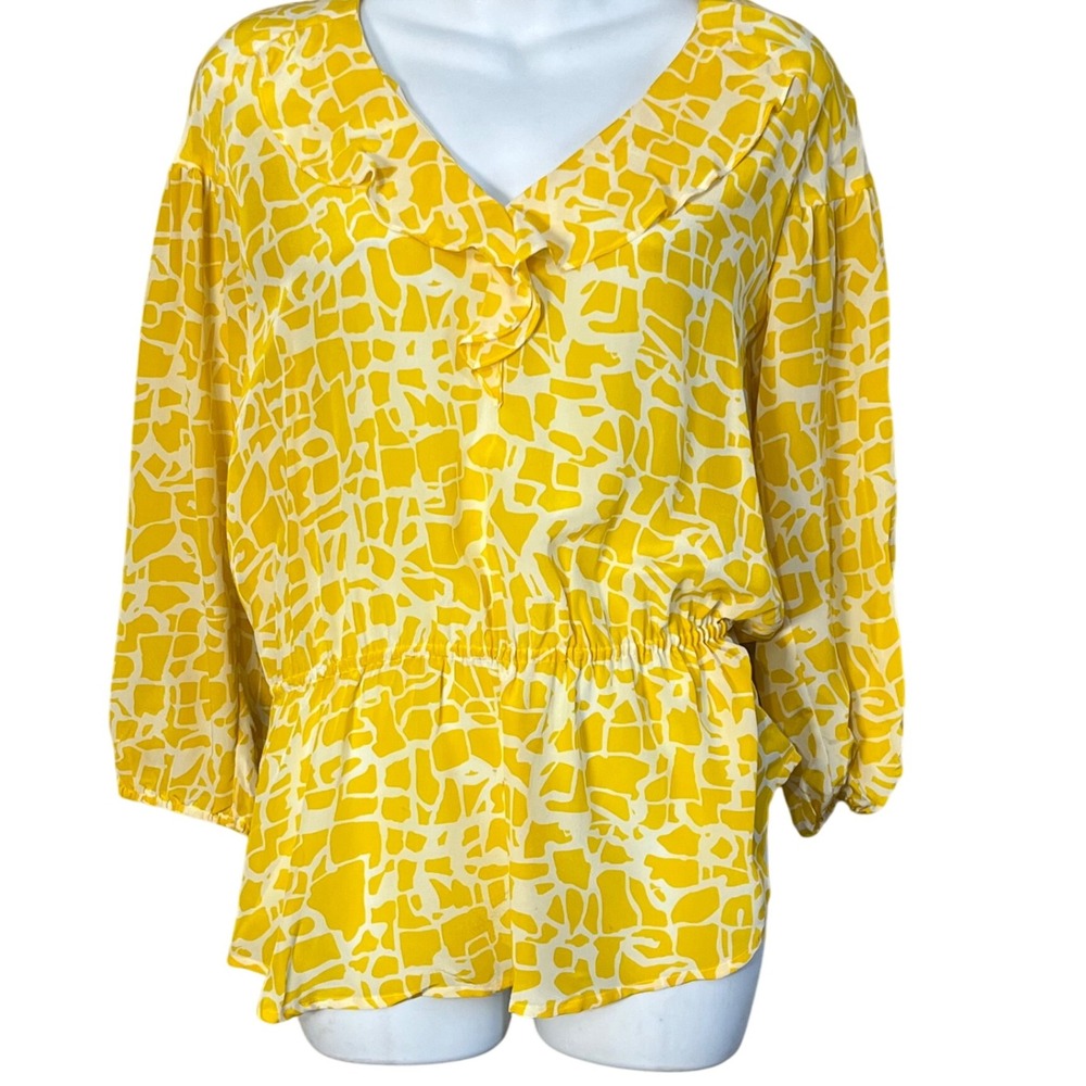 Anthropologie Girls‎ From Savoy Silk Yellow Patterned Peplum Blouse Size Medium